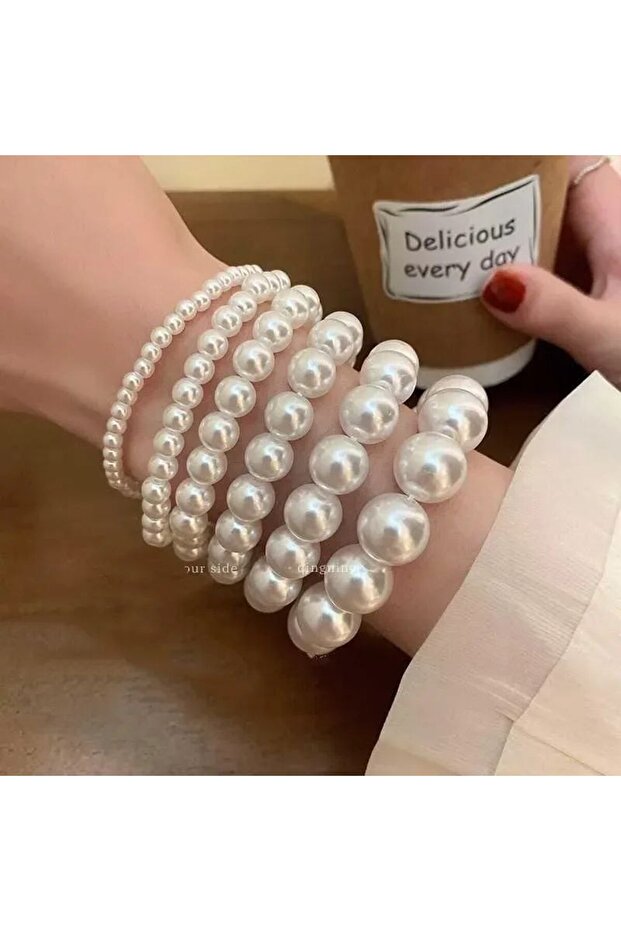 6 Pieces White Color Pearl Women Bracelet Set