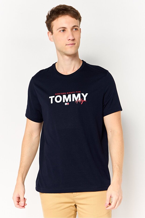 Men Crew Neck Short Sleeve Brand Logo T- Shirt, Navy