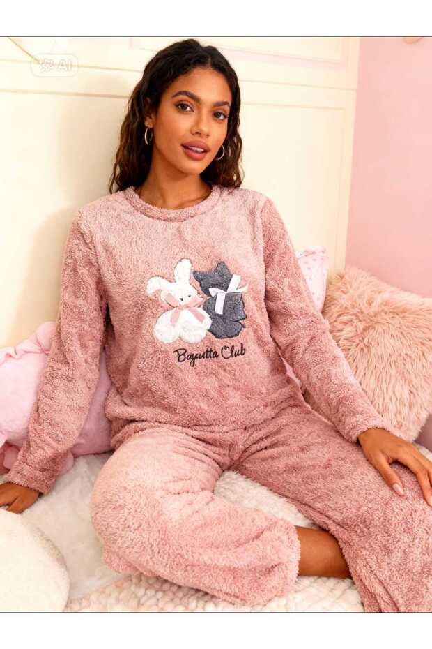 Dusty Rose Rabbit Detailed Welsoft Plush Winter Pajama Set