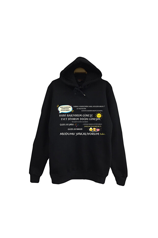 Doğdu Güneşim Printed Unisex 100% Cotton Hooded Black Sweatshirt
