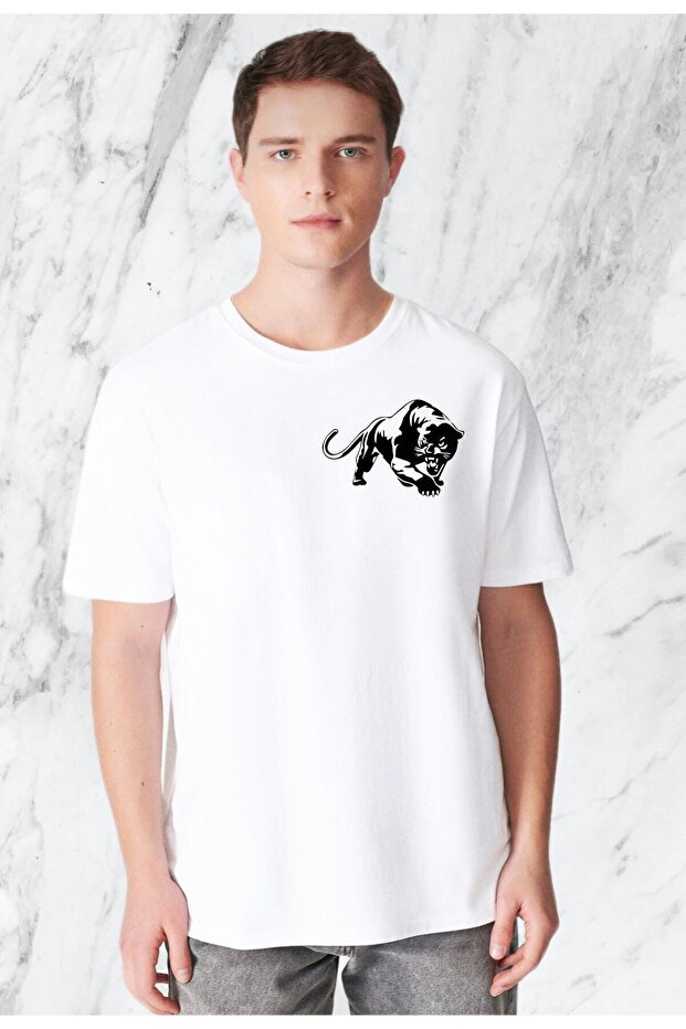 Men's Panther Chest Printed Regular White Tshirt