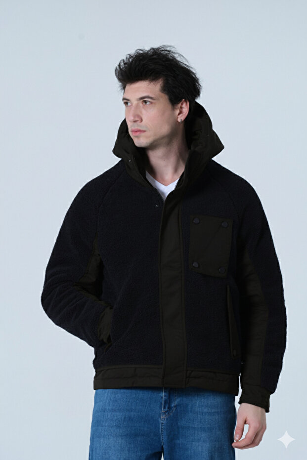Men's coat Hooded cotton fabric detailed plush coat