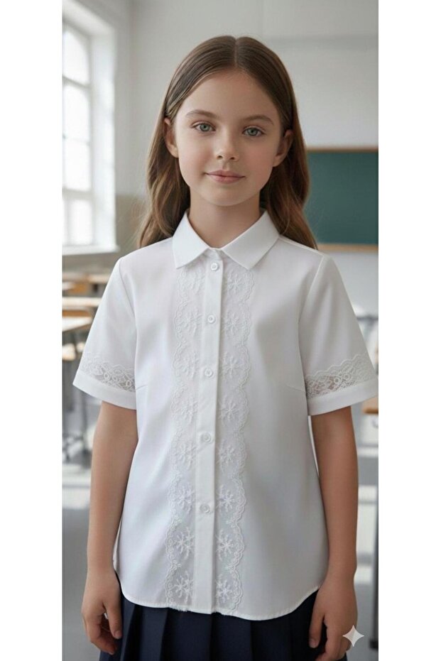 Stylish Girl's School Shirt with Lace Embroidery