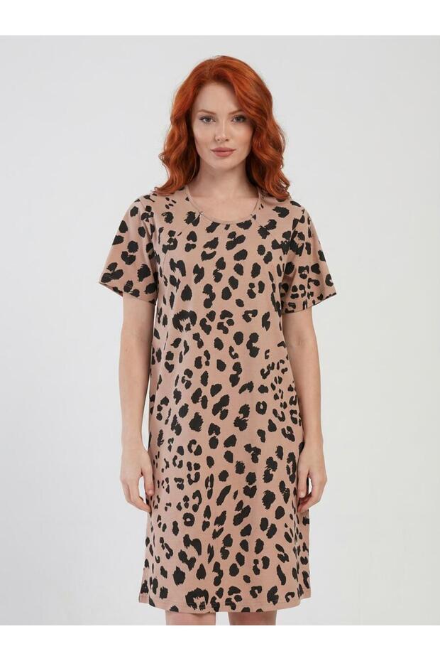 Women's Short Sleeve Breastfeeding Comfortable 100% Cotton Maternity Beige Nightgown Cot519123