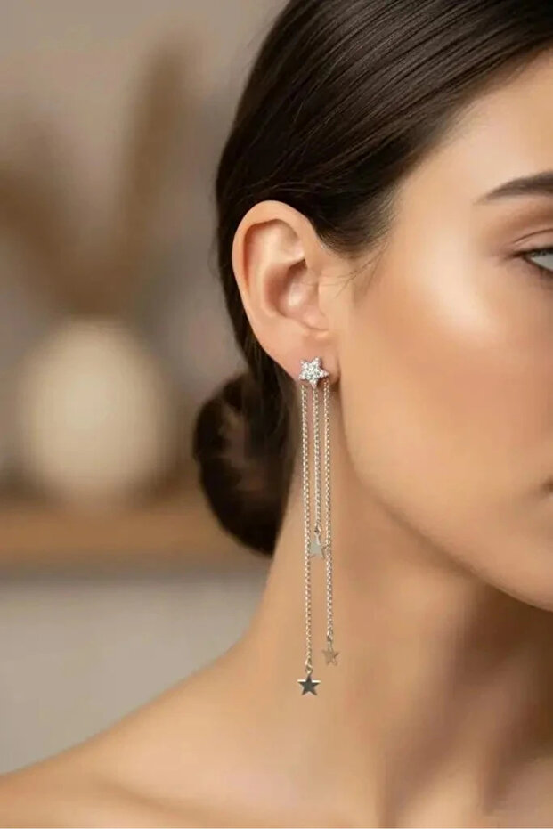 Star Model Silver Color Brass Dangle Women's Earrings Non-Tarnish | Stylish and Durable Jewelry