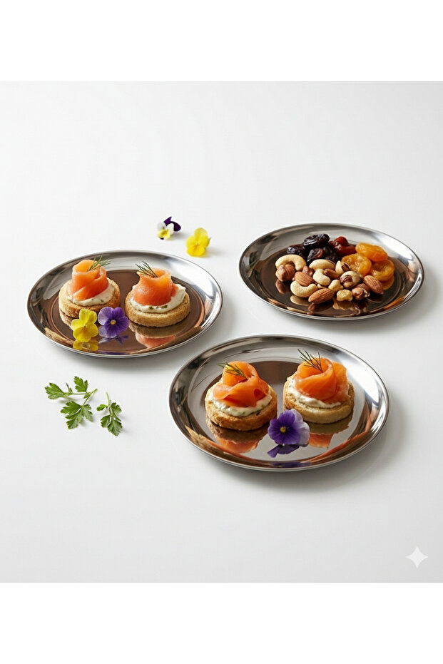 Stainless Steel Presentation Plate Set - Coffee Side Plate, Snack Plate and Serving Plate Silver Color