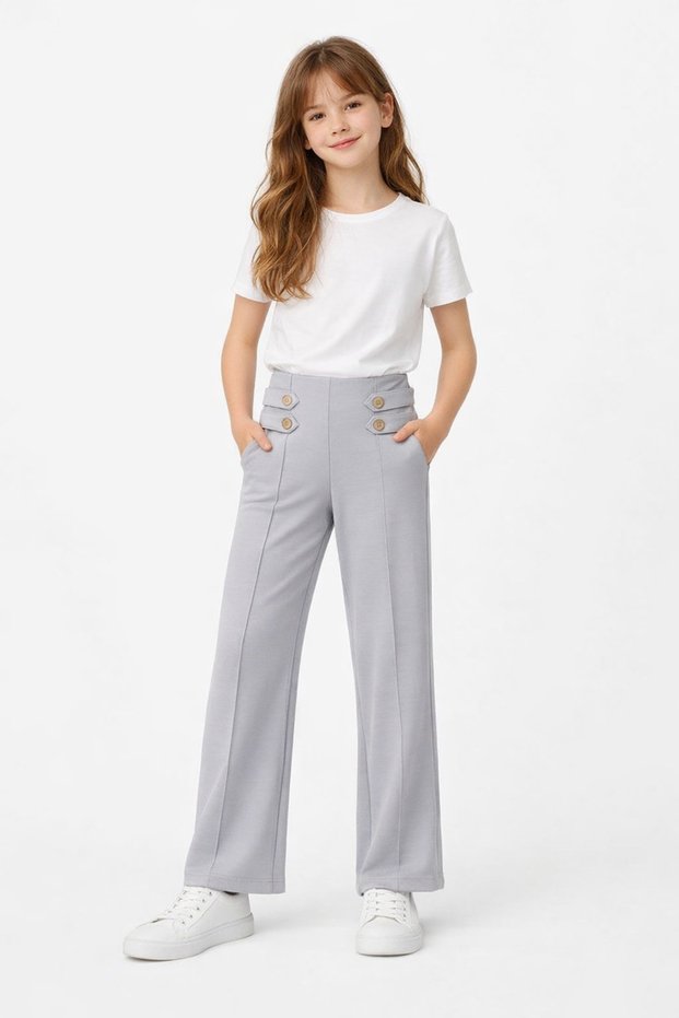 Girl's Gray Slim Fit Button Detailed P Palazzo Pants – 20257