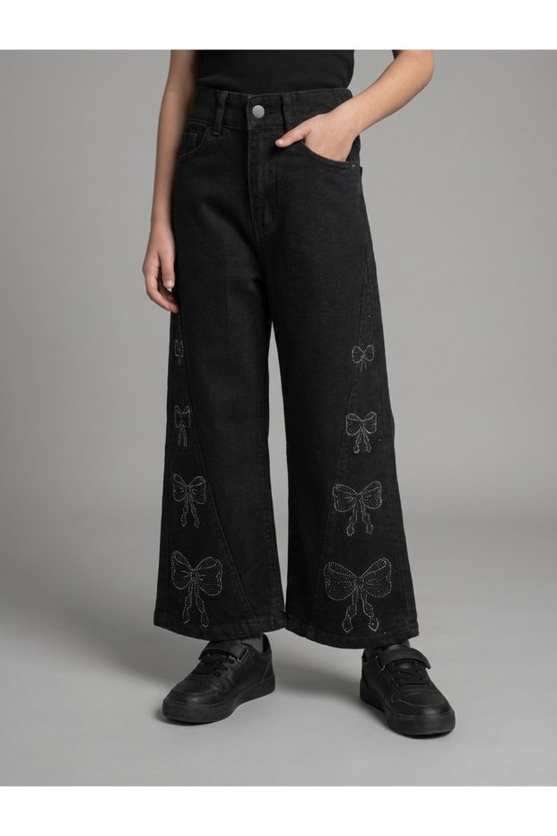 Girl's Black Trousers with Elastic Waist, Stretch Fabric Thick Black Trousers with Stones on the Sides and Ribbons