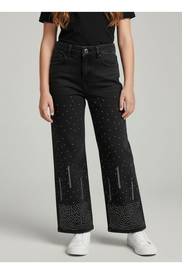 Girl's Thick Stretch Fabric Elastic Waist Stoned Denim Trousers