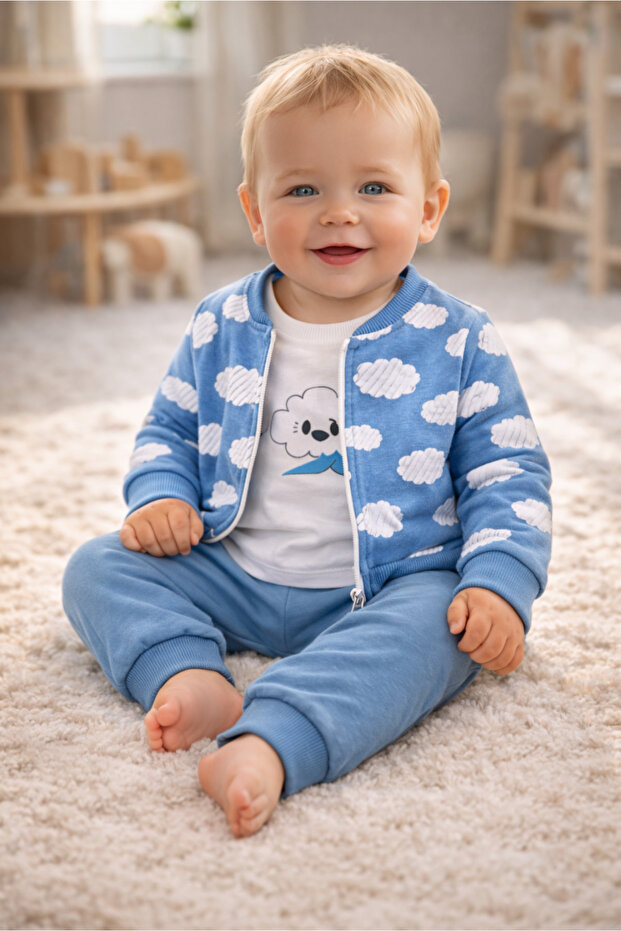 Cloud Patterned Zippered Baby Set 100% Cotton Blue Set of 3 (Jacket + T-Shirt + Bottoms)