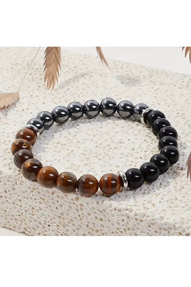 Kaplangözü-Hematite-Onyx Design Natural Stone Men's Bracelet