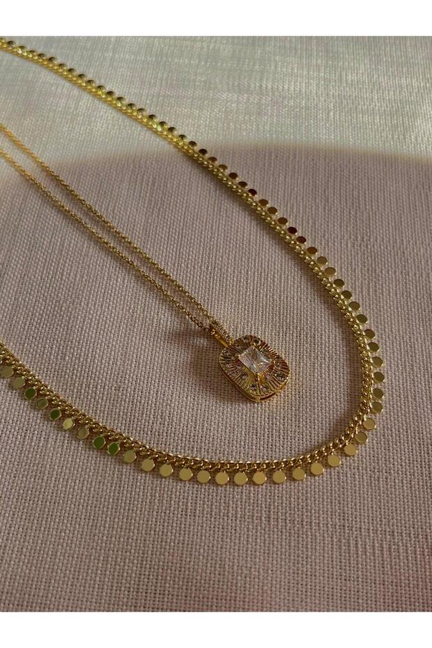 Set of 2 Gold Necklaces |   Vintage Vip Necklaces |   Baguette Necklace with Sequin Detail Chain & Zircon Stone