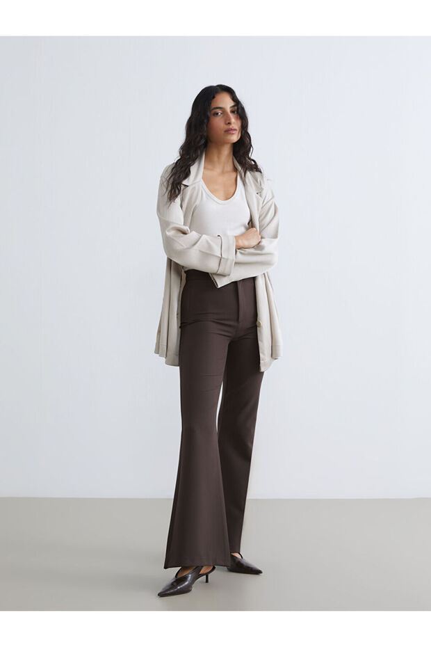 Brown Elastic Waist Spanish Leg Women's Trousers