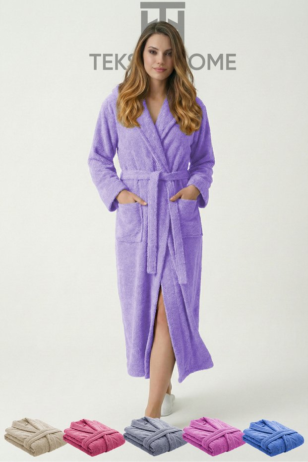 100% Cotton Unisex Bathrobe with Shawl Collar and Pockets, Large Size 3XL 4XL Lilac Men's and Women's Bathrobe