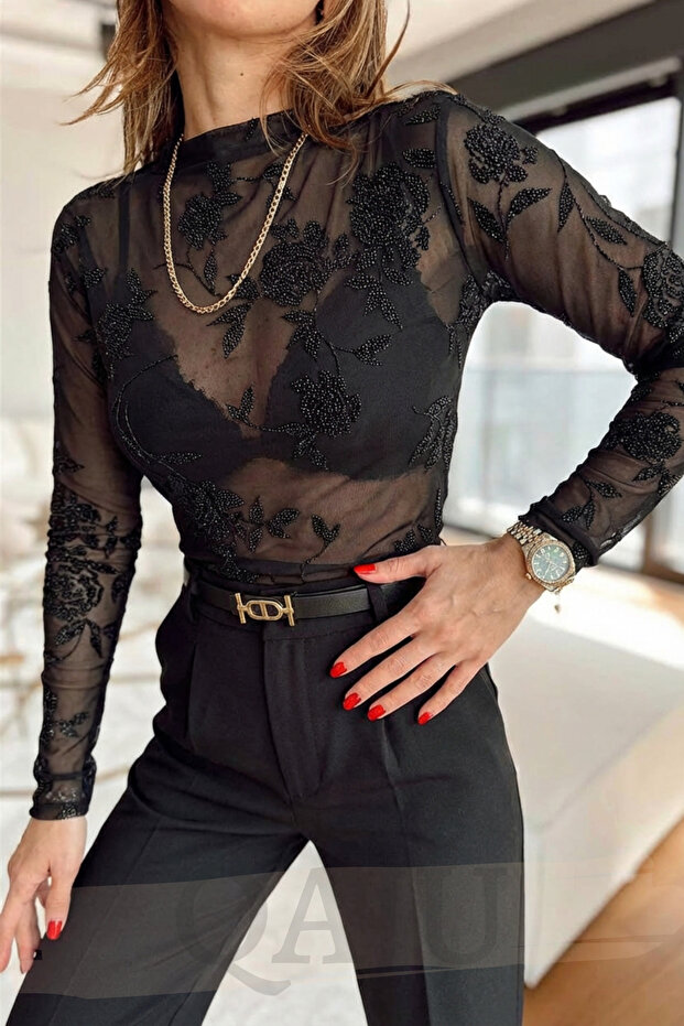 Black Velvet Detail Tulle Blouse