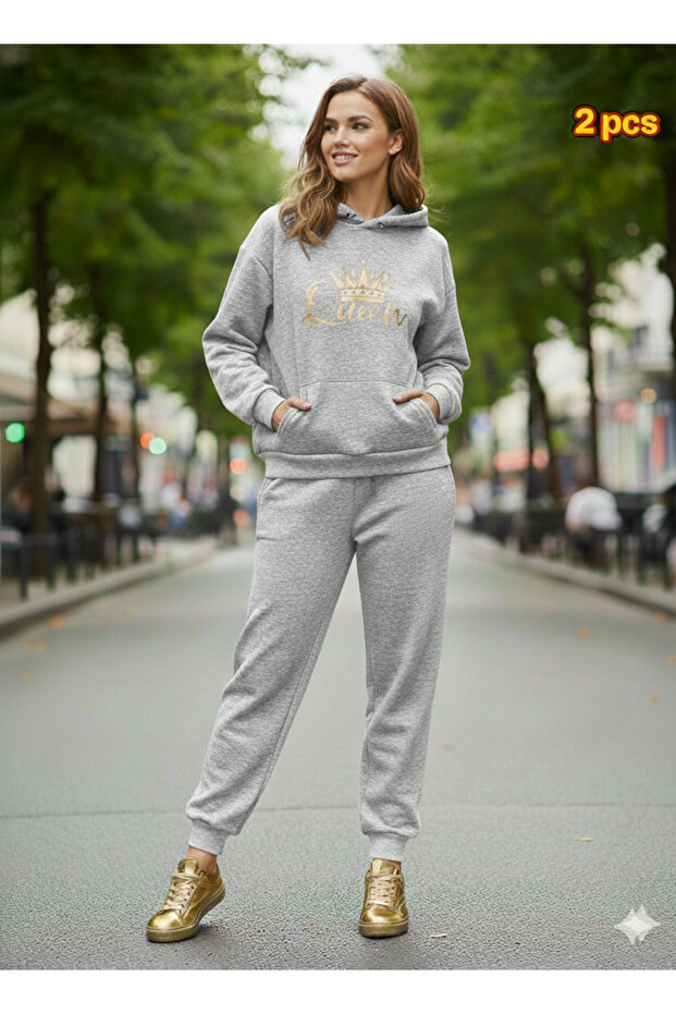Quenn Printed Alt Top Oversized Women Hooded Gray Black Tracksuit Set