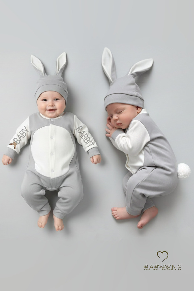 Rabbit Ear Newborn Romper Set 100% Cotton Adjustable Pompom Unisex Baby Romper Hat Set