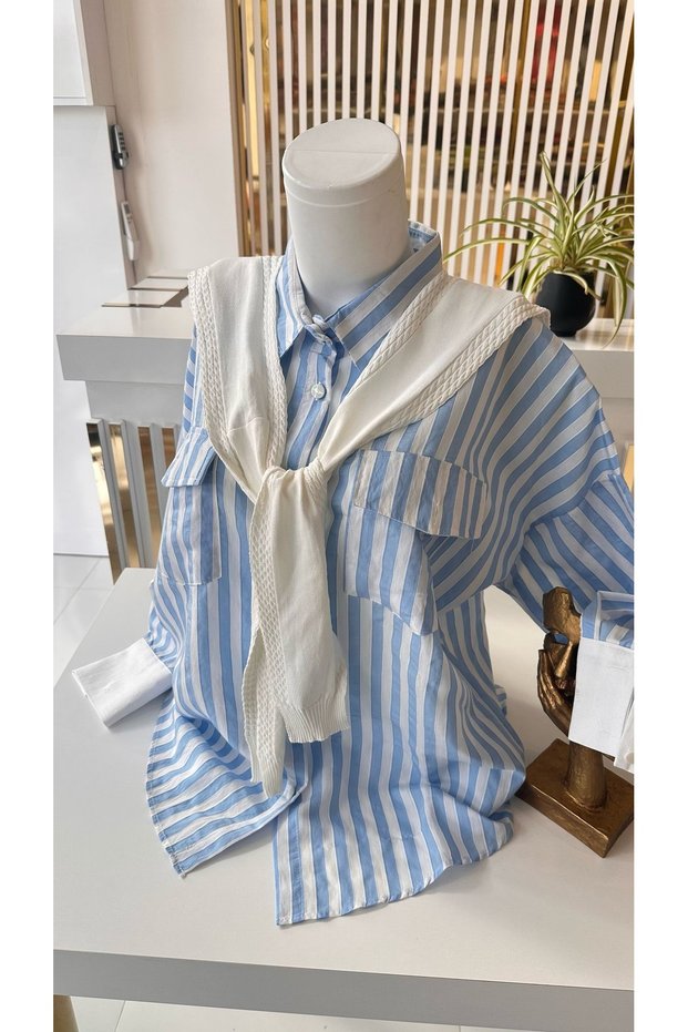 Linen Shirt with Pocket Detail and Scarf Decoration