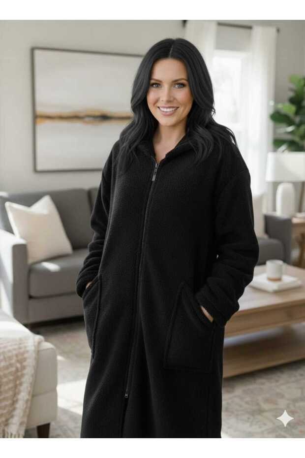 Wellsoft Zippered Hooded Long Fleece Cardigan Unisex Oversized (Suitable for Home and Outerwear) Black