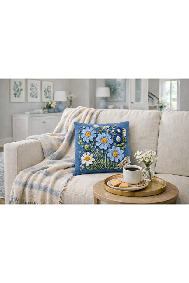 Digital Printed Knitted and Denim Textured Decorative Throw Pillow Cover with Floral Motifs