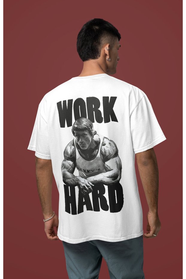 Arnold Work Hard Bodybuilding Back Printed Unisex Oversized Fitness Sportsman T-Shirt