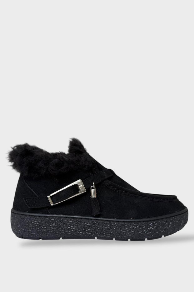 Women's Boots with Fur Inside, Single Strap Buckle Detail, Black