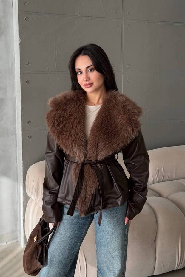 Women's Brown New Season Fur Collar Premium Leather Coat