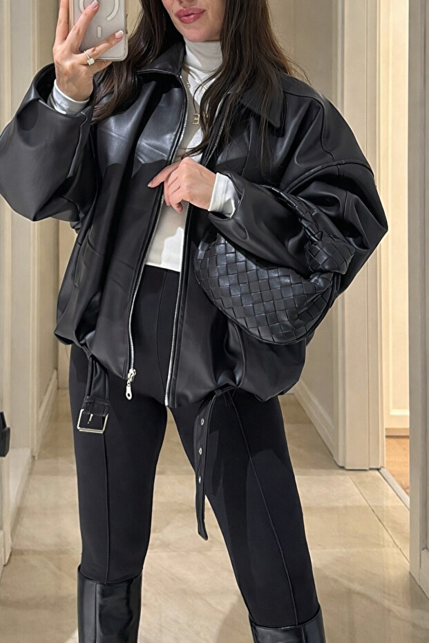 سترة جلدية من Luvren Black Trend قصة فضفاضة بحزام