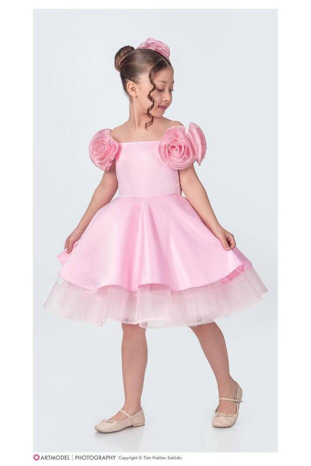 Rose Detail Princess Girls' Dress – Tutu Puffy Dress + Hair Clip (4-12 Years) | 31594