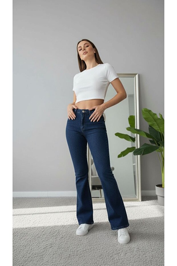 Stretch Fabric Navy Blue Women's Flared Jeans High Waist Jeans Shaping / Sculpting (Extra Comfortable)
