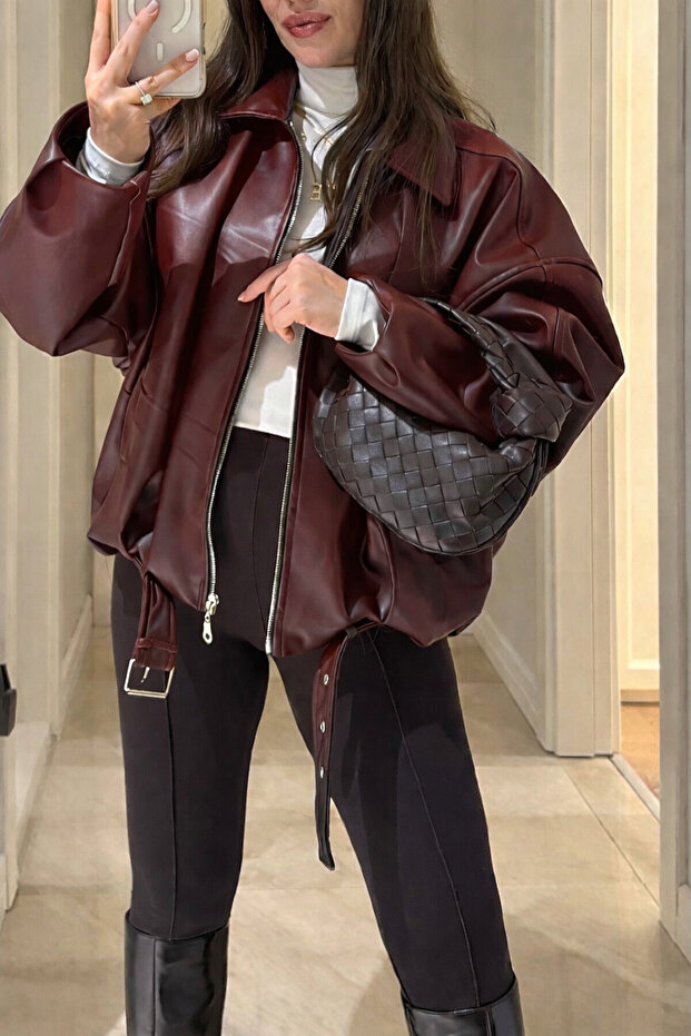 جاكيت بومبر جلدي بحزام، قصة واسعة / فضفاضة (أوفرسايز)، باللون العنابي - Luvren Burgundy Trend