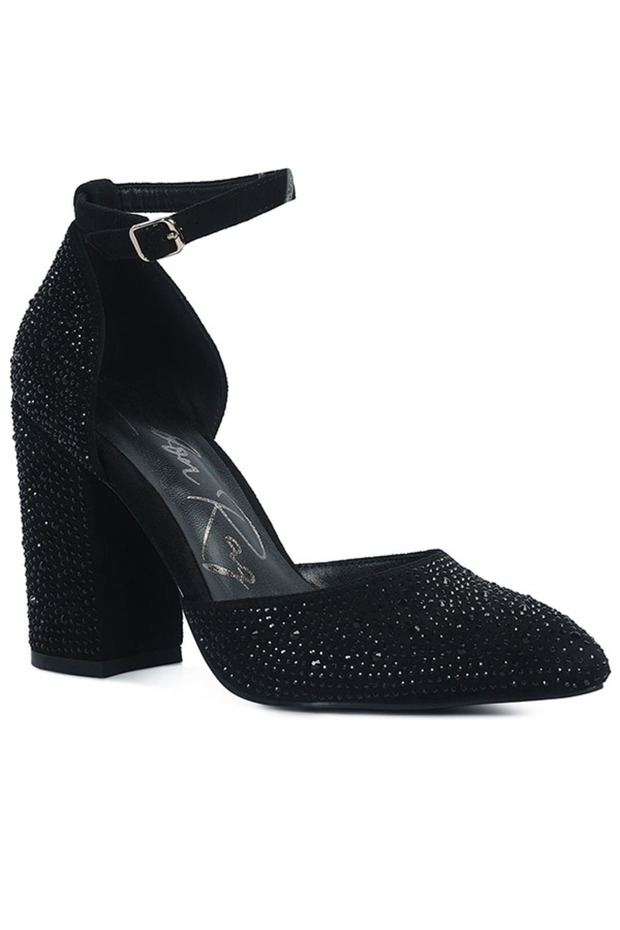 Women Microfiber Diamante Block Heeled Sandal in Black
