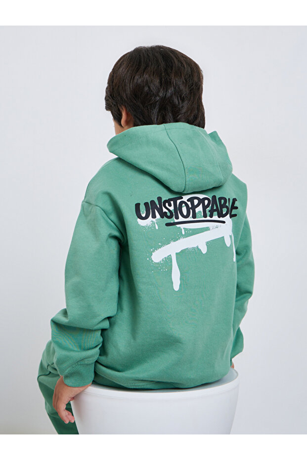 Boys Green Graphic Print Cotton Hoodie