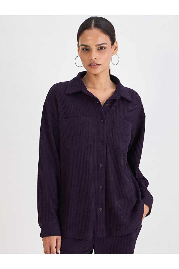 Women Deep Purple Waffle Knit Button Down Shirt