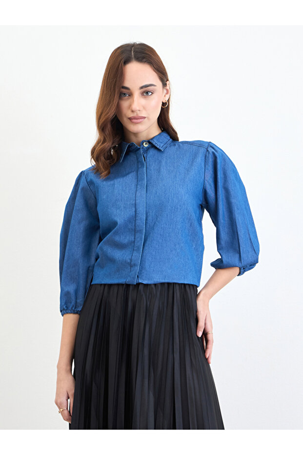 Solid Denim Shirt with Balloon Sleeves