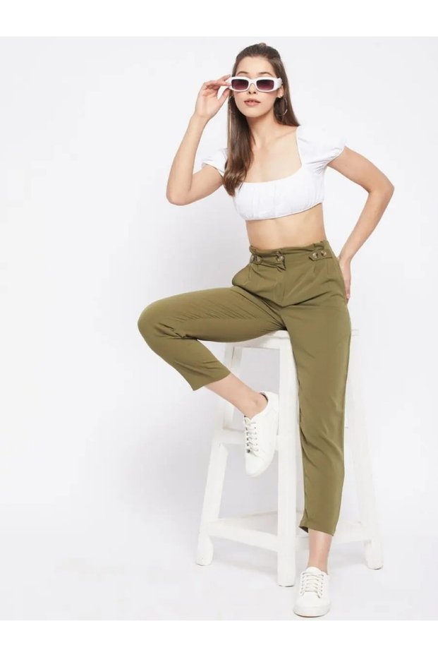 Women Olive Green Regular Fit Trousers