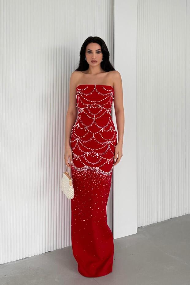 Red Pearl Embroidered Yı Slit Strapless Pencil Evening Dress