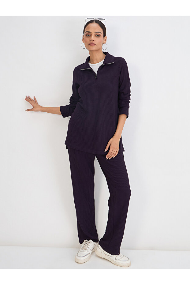 Women Dark Purple Waffle Knit Trousers
