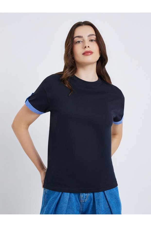 Women Cotton T-Shirt with Contrast Cuff Detail