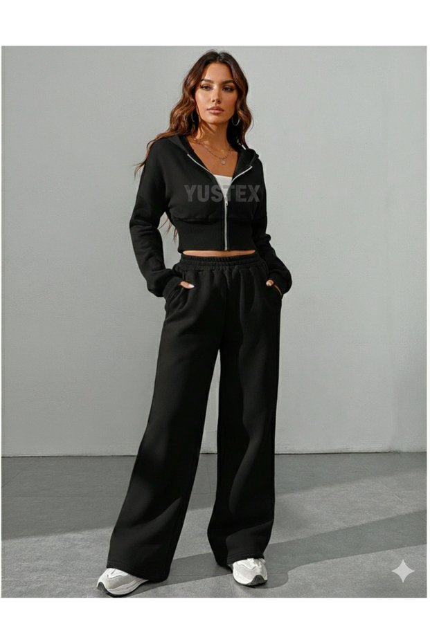 Winter Women's Cotton Lined Fleece-Lined Black Sweatpants Comfortable Wear Loose Fit Does Not Collect Hair