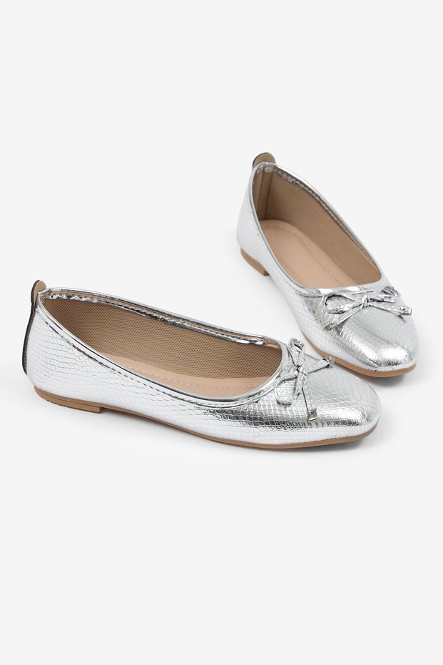 Women's Silver Snakeskin Look Bow Detailed Casual Ballerinas