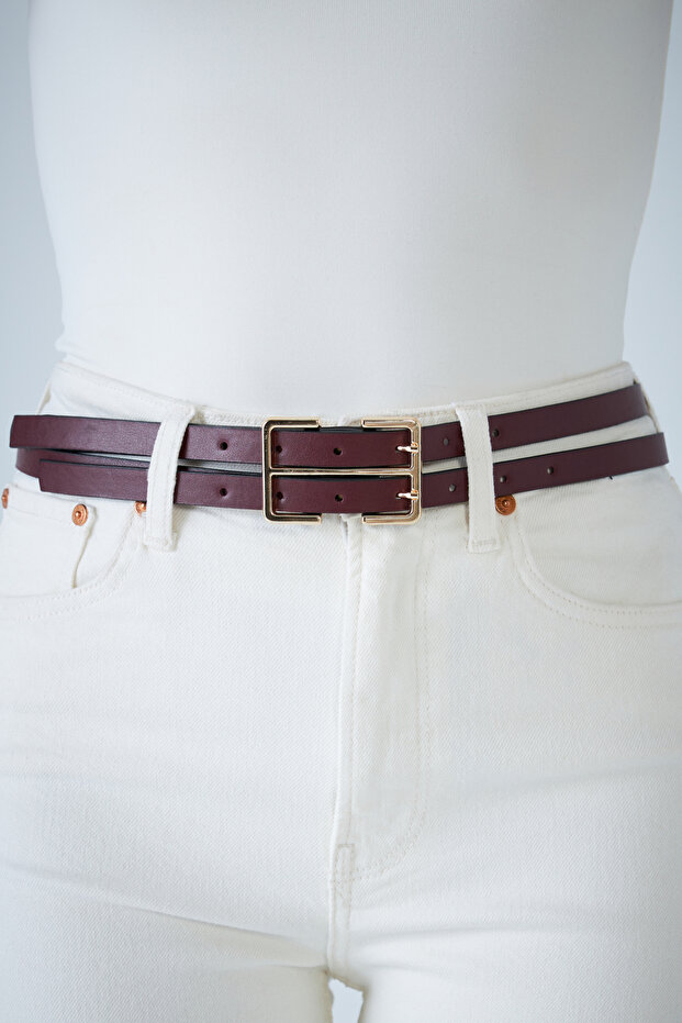 Women's Burgundy Double Buckle Double Belt Be723