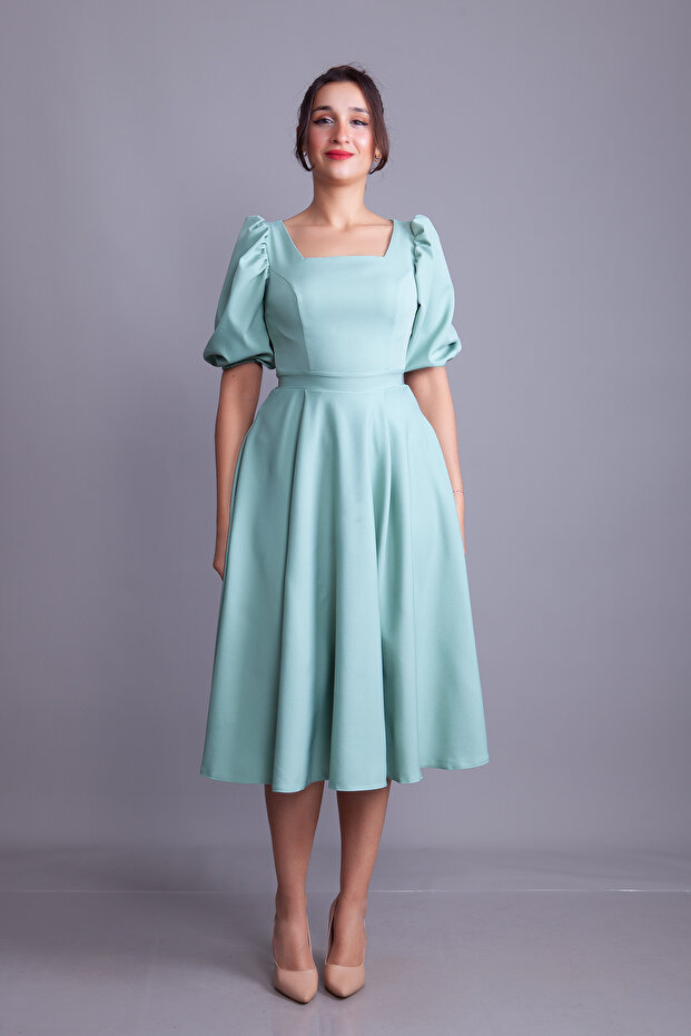 Mint Green Balloon Sleeve Square Neck Midi Dress