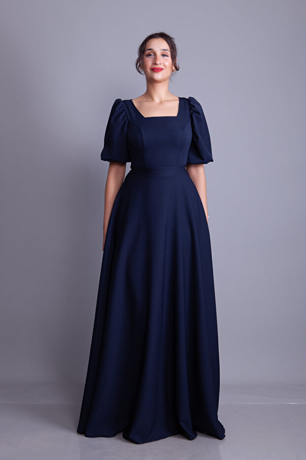 Navy Blue Balloon Sleeve Square Neck Maxi Dress
