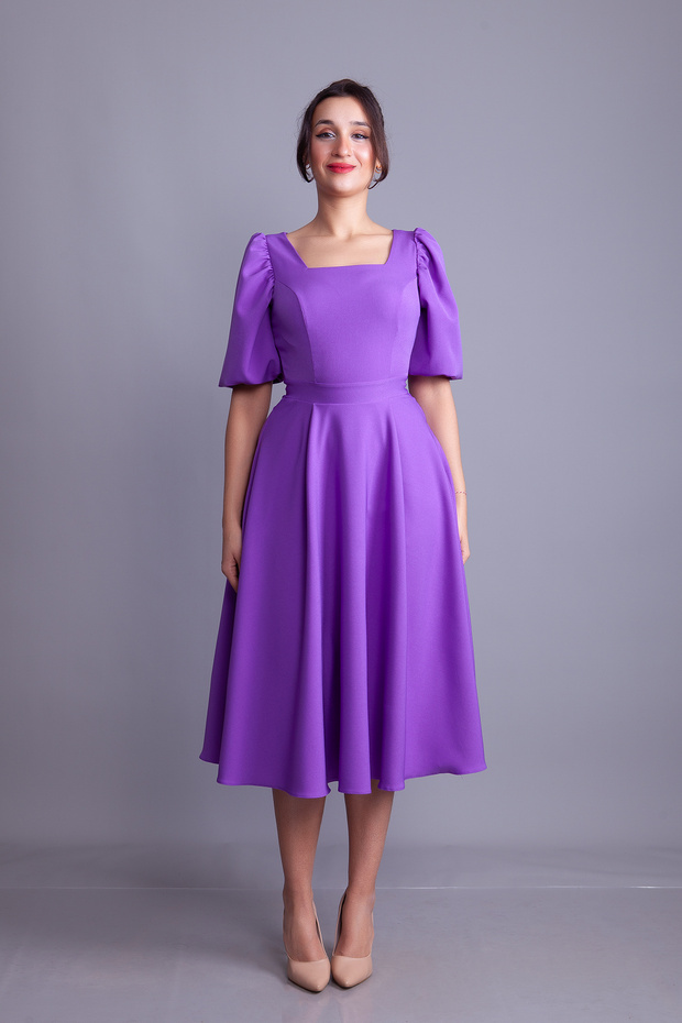Lilac Balloon Sleeve Square Neck Midi Dress