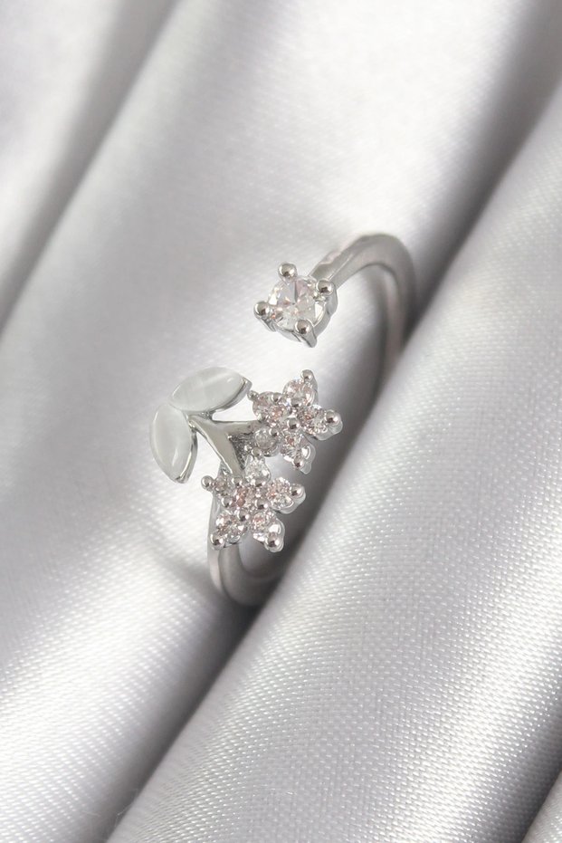 Brass Silver Rk Zircon Stone Flower Model Women's Ring