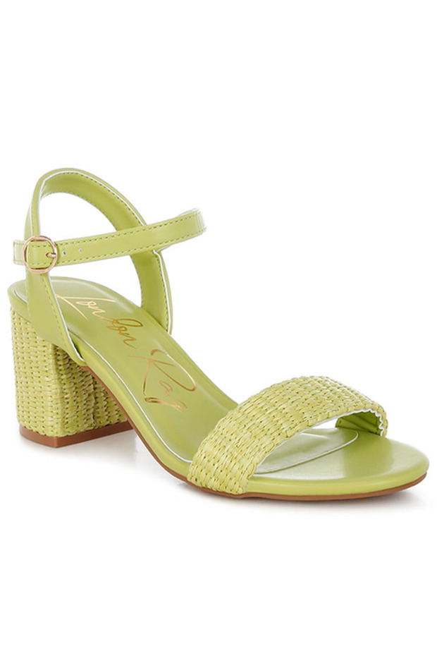 Women Raffia Pin Buckle Block Heels in Green