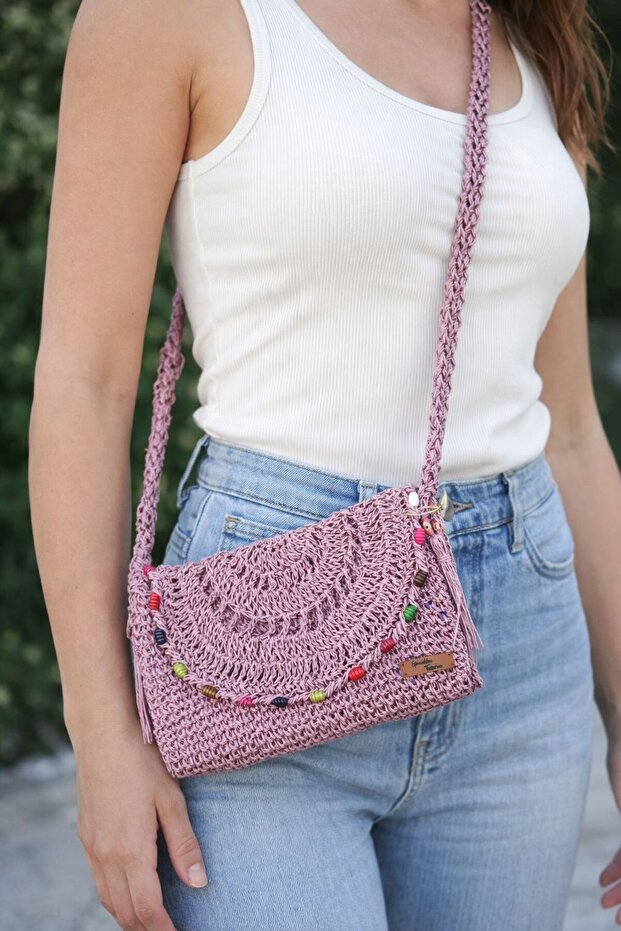 Hand Knitted Evil Eye Beaded 27x19cm Hanging Paper Rope Clutch Portfolio Bag