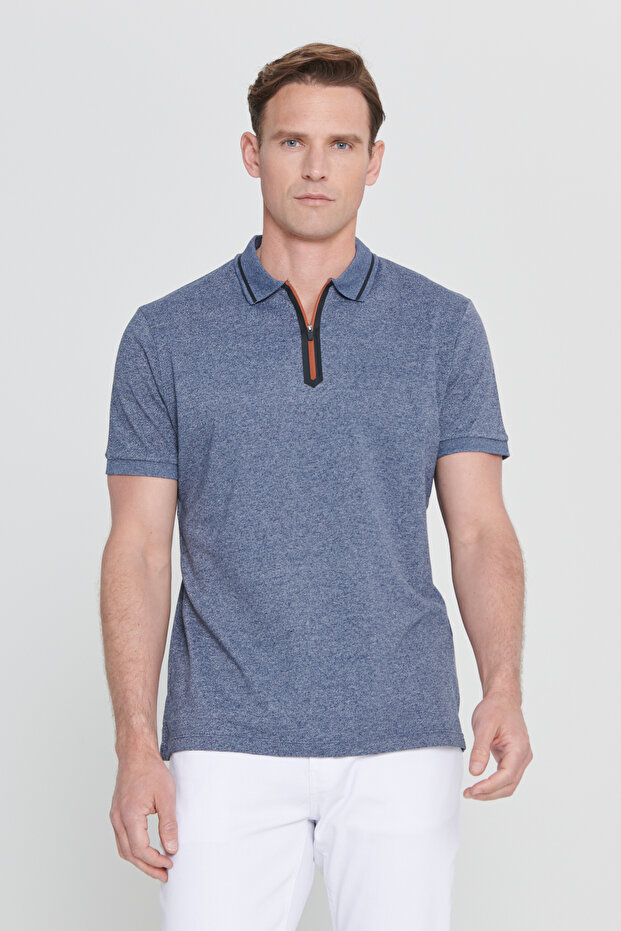 Lacı Melanj Slim Fit Slim Fit Zippered Polo Neck Cotton Short Sleeve T-Shirt