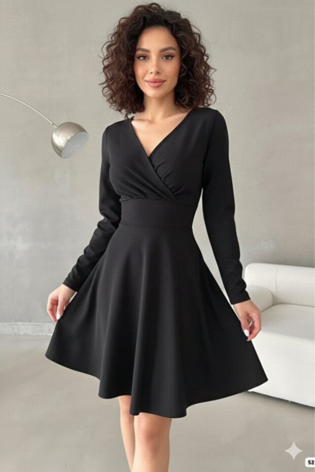 Women's Black Double-Breasted Collar Crepe Fabric Long Sleeve Mini Flared Dress 4F-2361